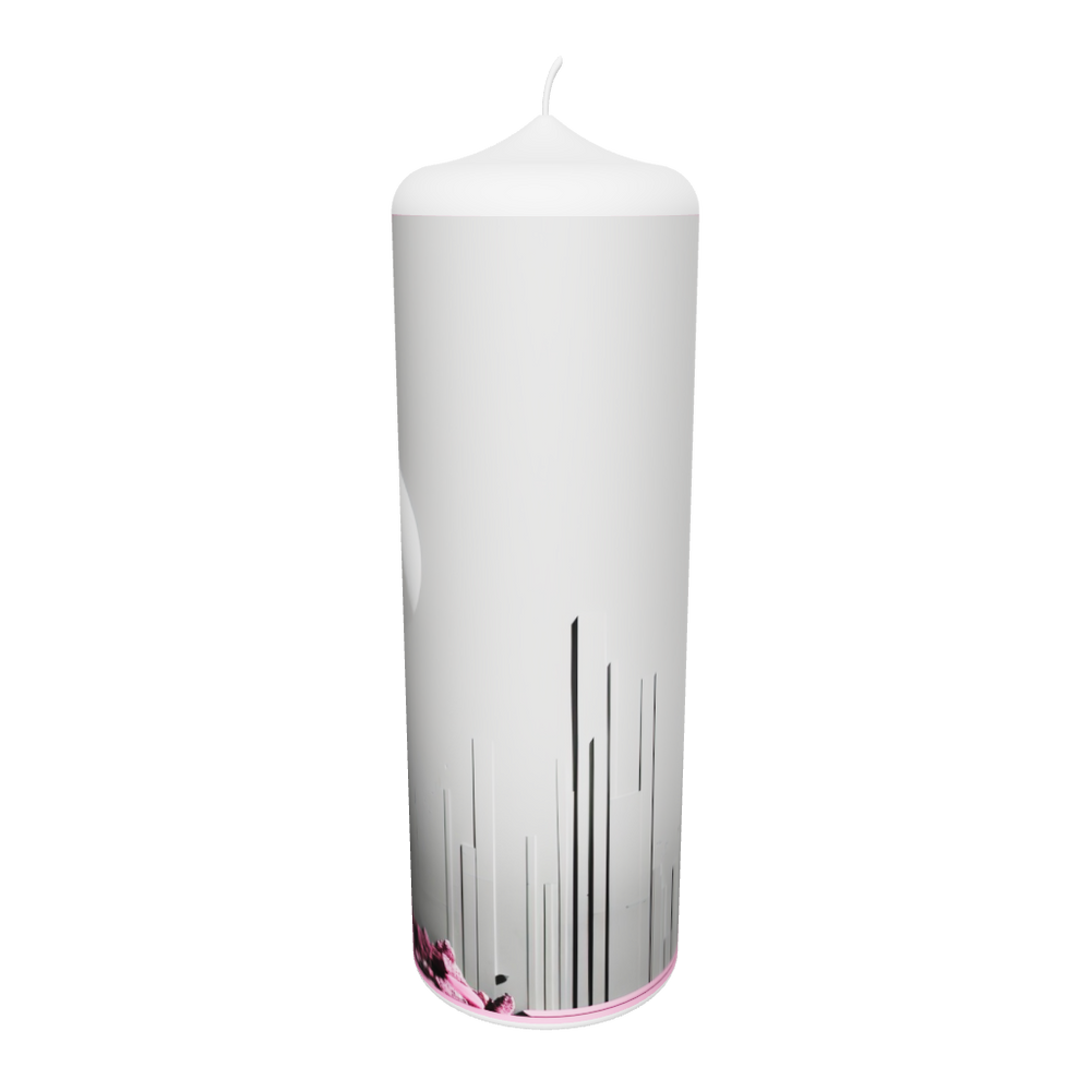 Künstlerkerze mit weißem Grund, dunkler Silhouette und Akzenten in Neonrot – Sinnbild für Einsamkeit und moderne Klarheit.