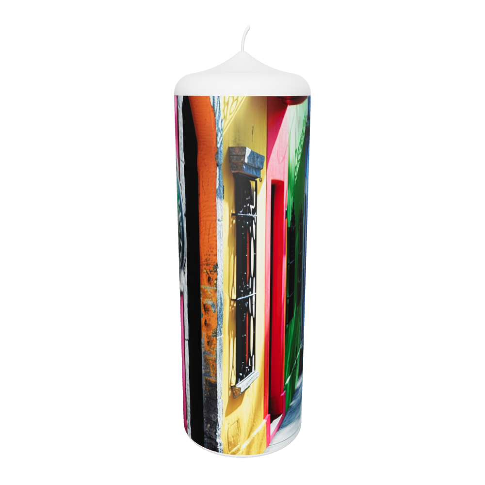 Künstlerkerze mit leuchtenden Farbbahnen und geheimnisvoller Symbolik – ein Spiel aus Licht, Tiefe und Bewegung.
