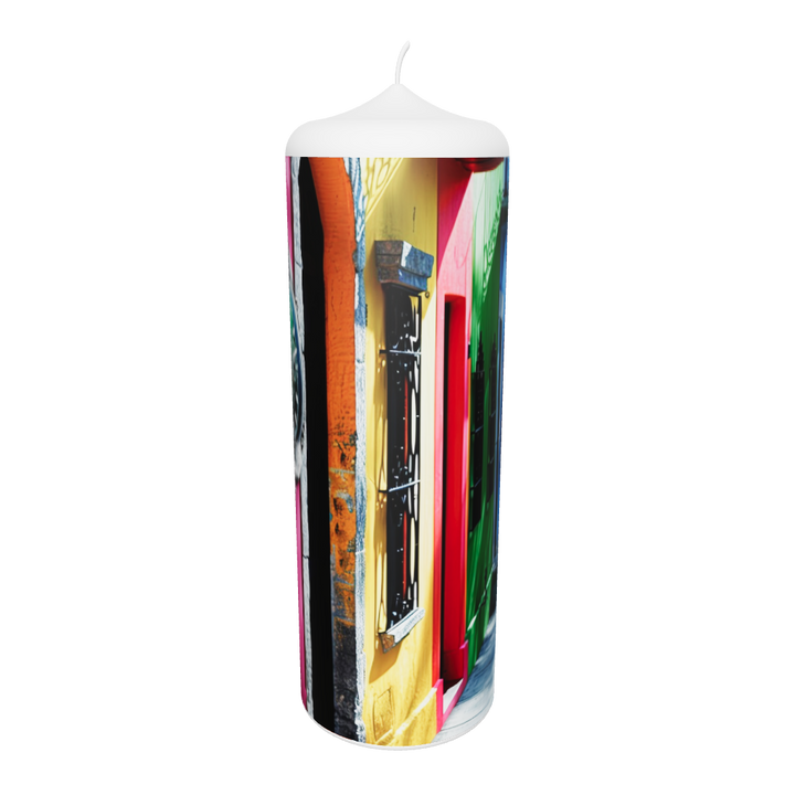 Künstlerkerze mit leuchtenden Farbbahnen und geheimnisvoller Symbolik – ein Spiel aus Licht, Tiefe und Bewegung.