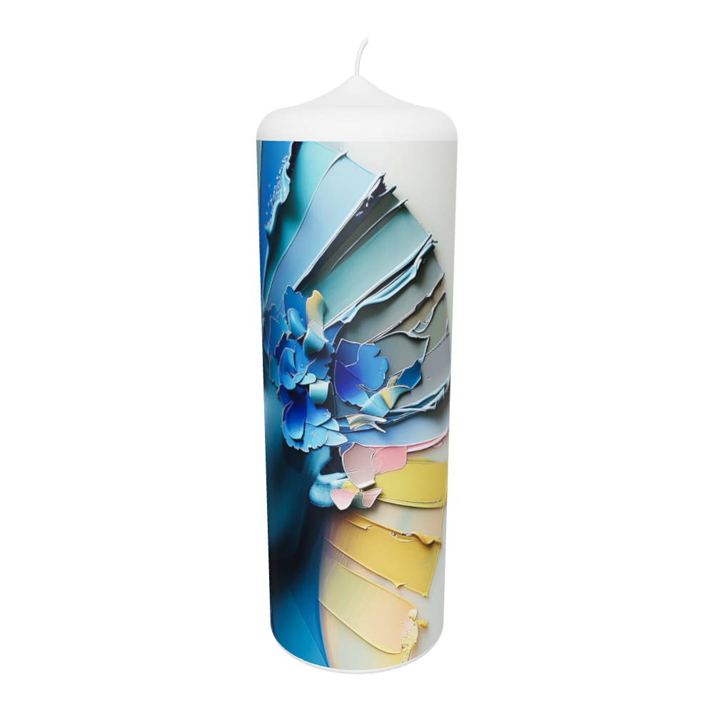 Künstlerkerze mit leuchtendem Farbverlauf und Gesicht in Blau – Symbol für emotionale Tiefe, Energie und Balance der Sinne.