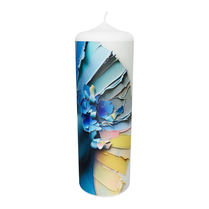 Künstlerkerze mit leuchtendem Farbverlauf und Gesicht in Blau – Symbol für emotionale Tiefe, Energie und Balance der Sinne.