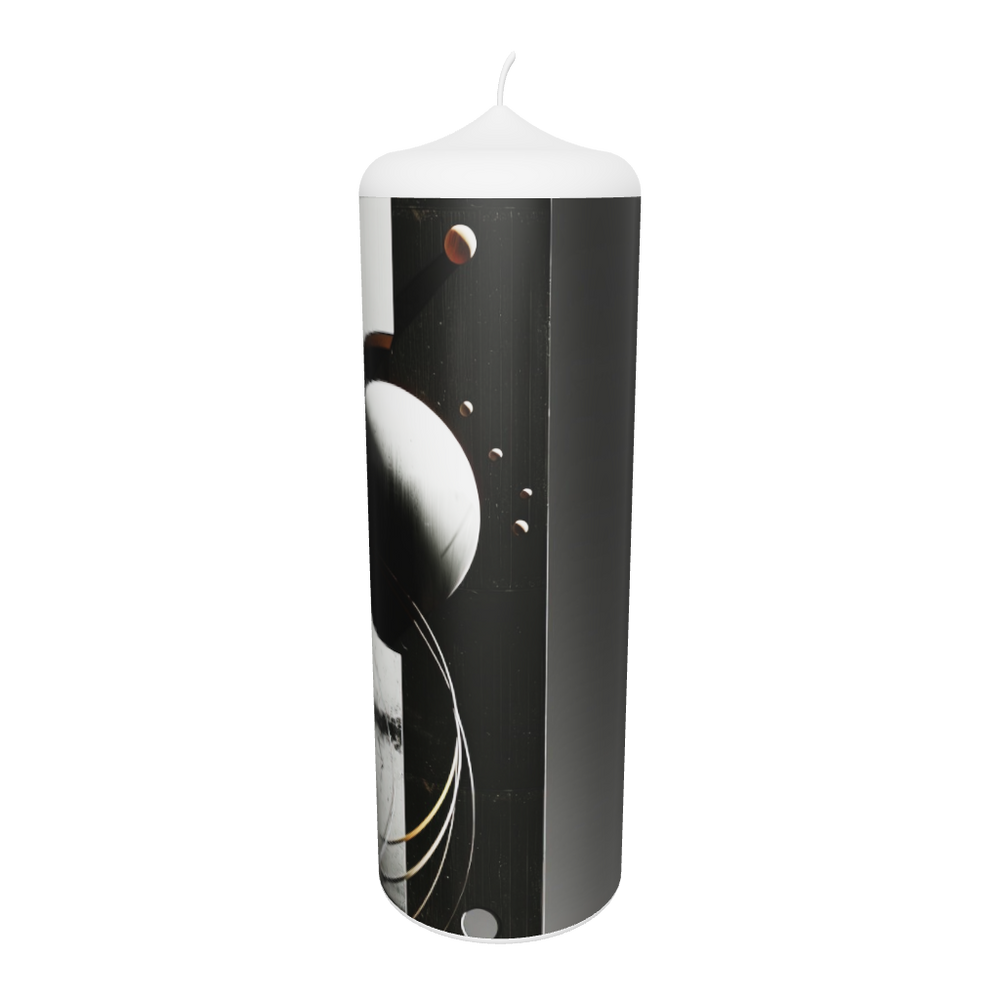 Künstlerkerze mit schwarzer Kugel und heller Figur auf grauem Grund – Symbol für Einsamkeit, Balance und kosmische Stille.