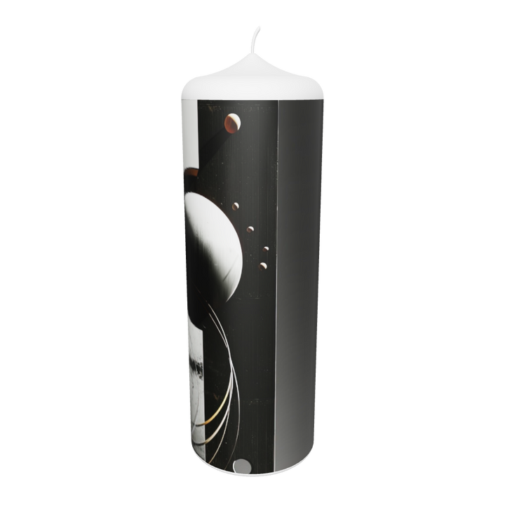 Künstlerkerze mit schwarzer Kugel und heller Figur auf grauem Grund – Symbol für Einsamkeit, Balance und kosmische Stille.