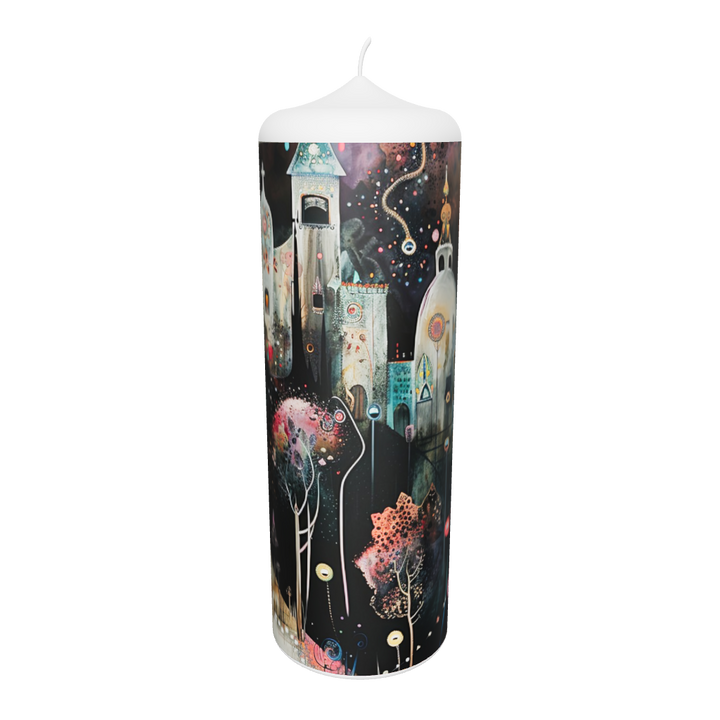 Künstlerkerze mit märchenhafter Stadtszene und fließenden Farben in Nachtstimmung – Symbol für Träume, Licht und Erinnerung.