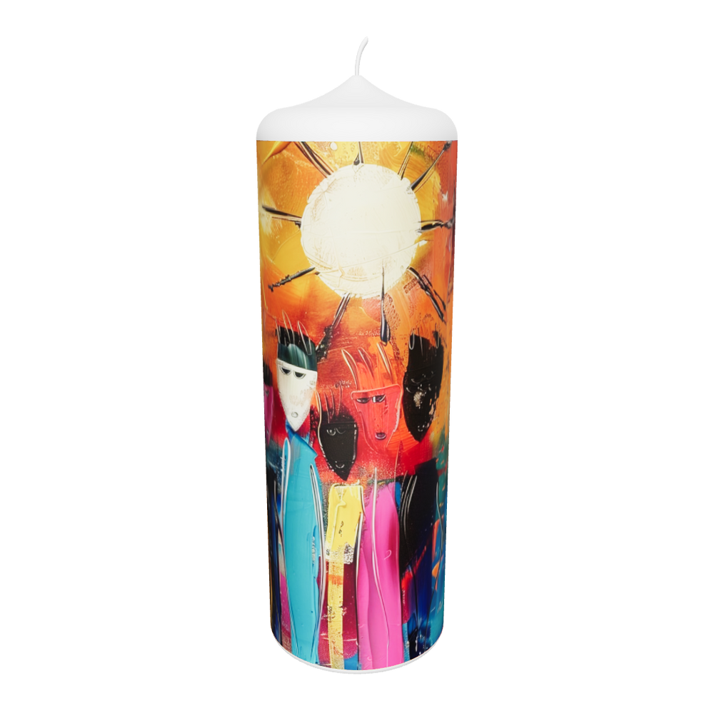 Künstlerkerze mit kräftigem floralen Farbspiel und Goldakzent