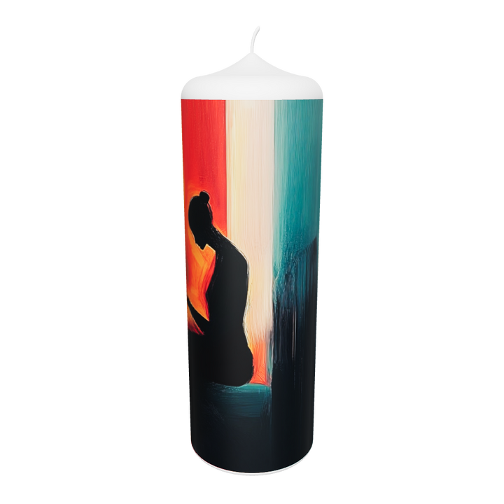 Künstlerkerze mit Kopf-Silhouette in warmen Farbtönen und fließenden Linien – Symbol für Inspiration, Freiheit und innere Bewegung.