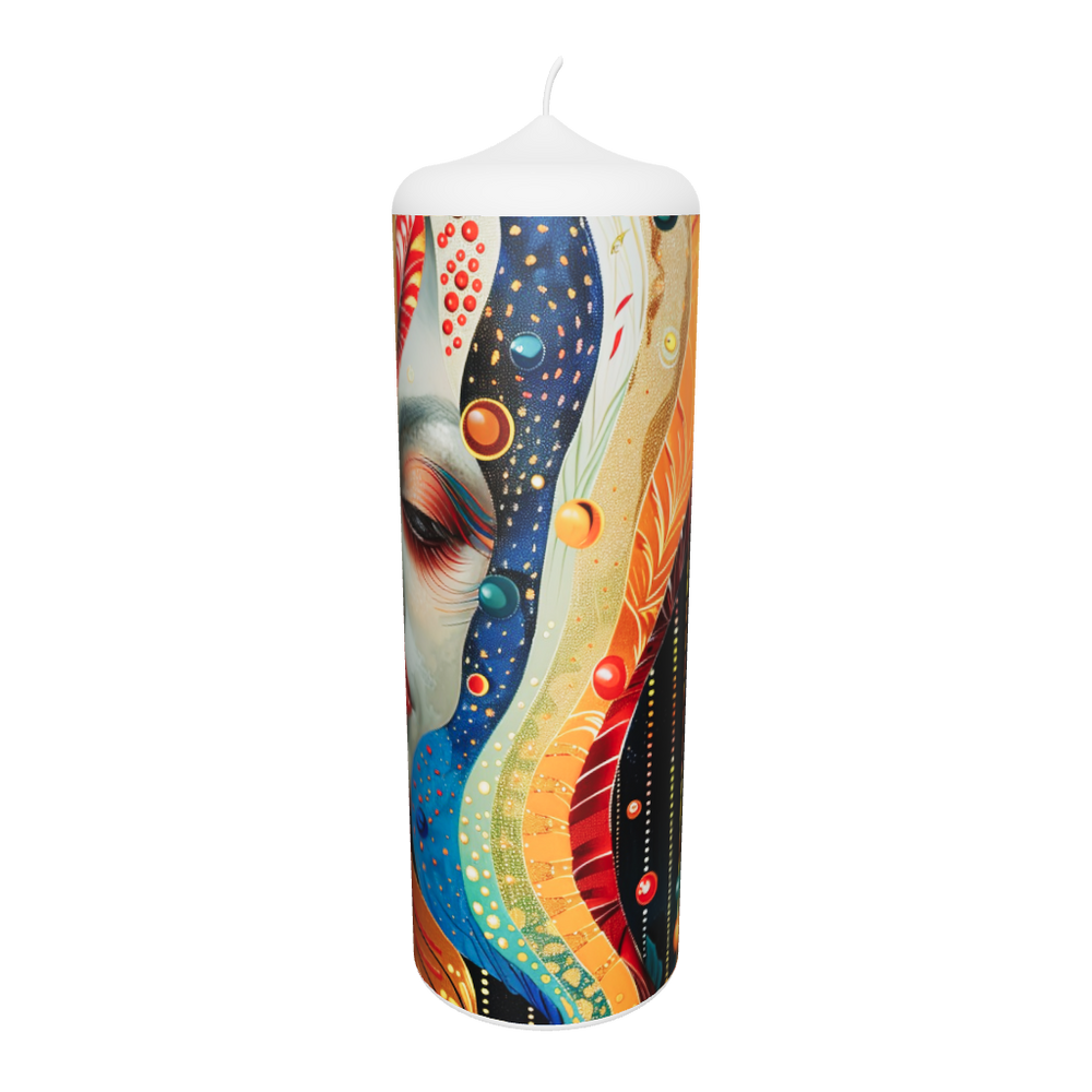 Künstlerkerze mit floralen Formen und Traumlandschaft