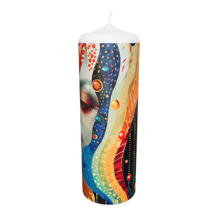 Künstlerkerze mit floralen Linien und weiblichem Porträt in Traumlandschaft – Symbol für Ruhe, Fantasie und inneres Strömen.