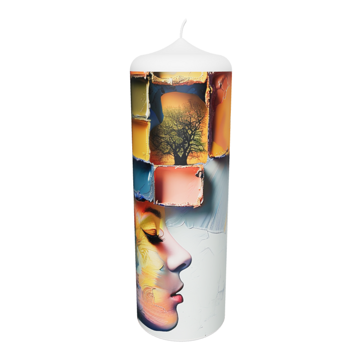 Künstlerkerze mit antikem Gesicht und farbigen Fragmenten – Symbol für Erinnerung, Zeit und innere Spuren.