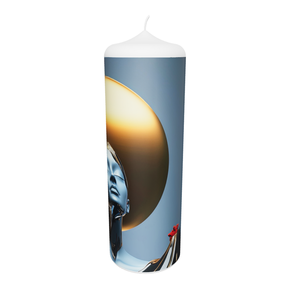 Künstlerkerze mit silber-grauem Porträt auf Lichtscheibe