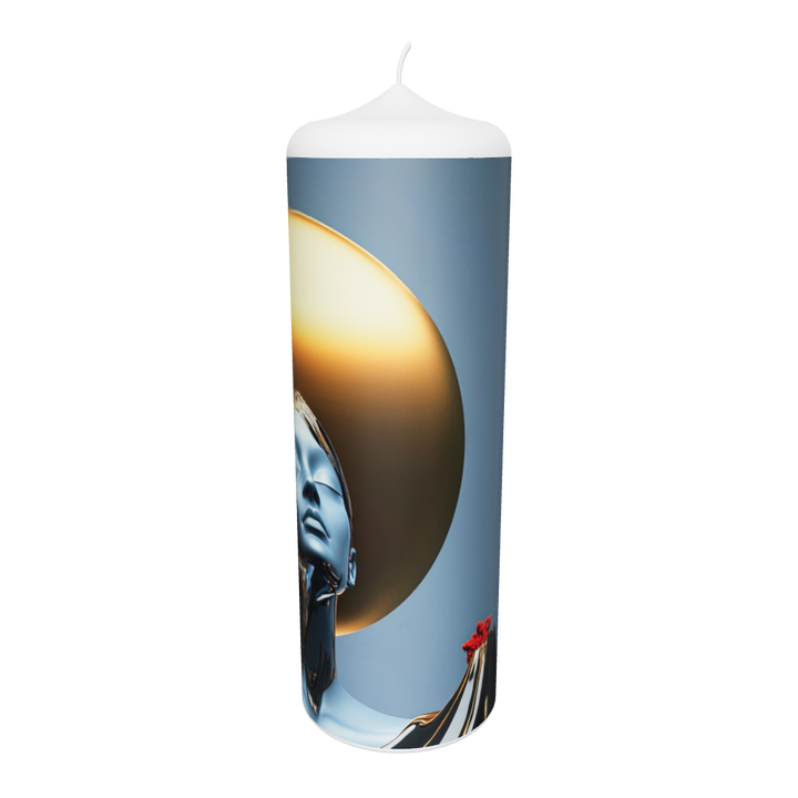 Künstlerkerze mit silber-grauem Porträt auf Lichtscheibe