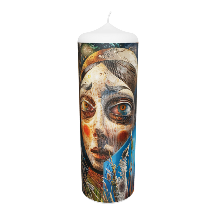 Künstlerkerze mit großem Porträt und goldenen Ornamenten – Sinnbild für inneres Leuchten, Achtsamkeit und spirituelle Tiefe.