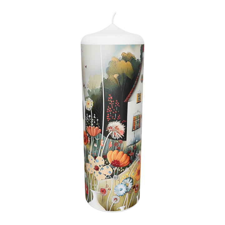 Künstlerkerze mit floralen Häuschen in einer märchenhaften Fantasielandschaft – leuchtend, verträumt und voller zarter Details.