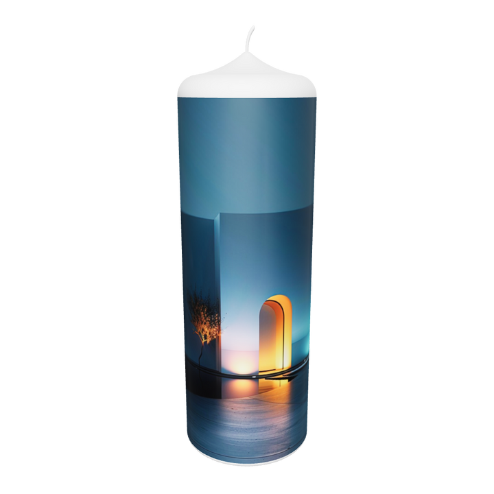 Künstlerkerze mit dunkler Öffnung und sanftem Mondlicht – Symbol für Ruhe, Übergang und inneres Licht.