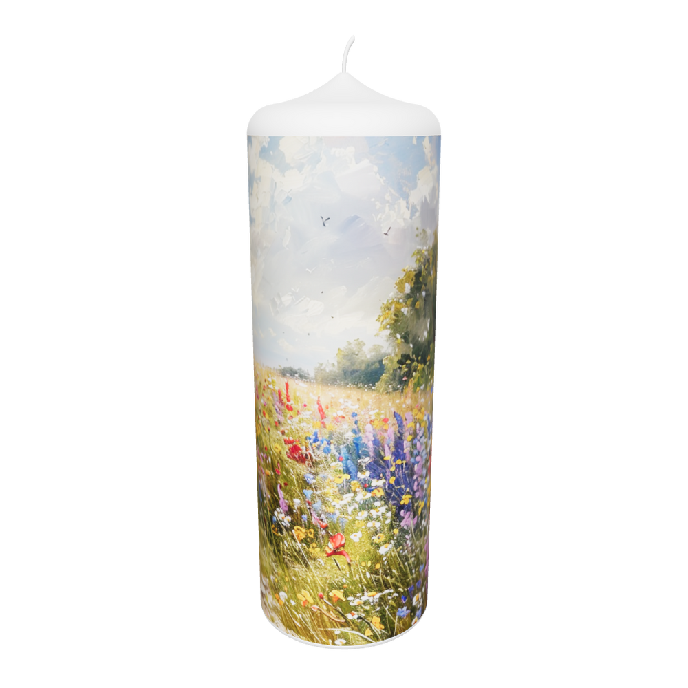 Künstlerkerze mit floraler Szene in Gold und Flammenspiel vor hellem Himmel