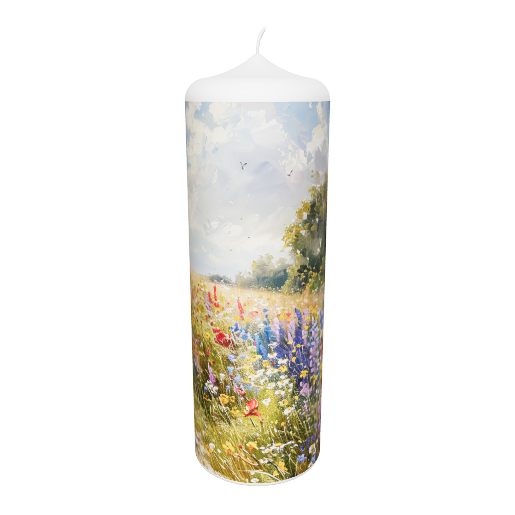 Künstlerkerze mit floraler Szene in Gold und Flammenspiel vor hellem Himmel