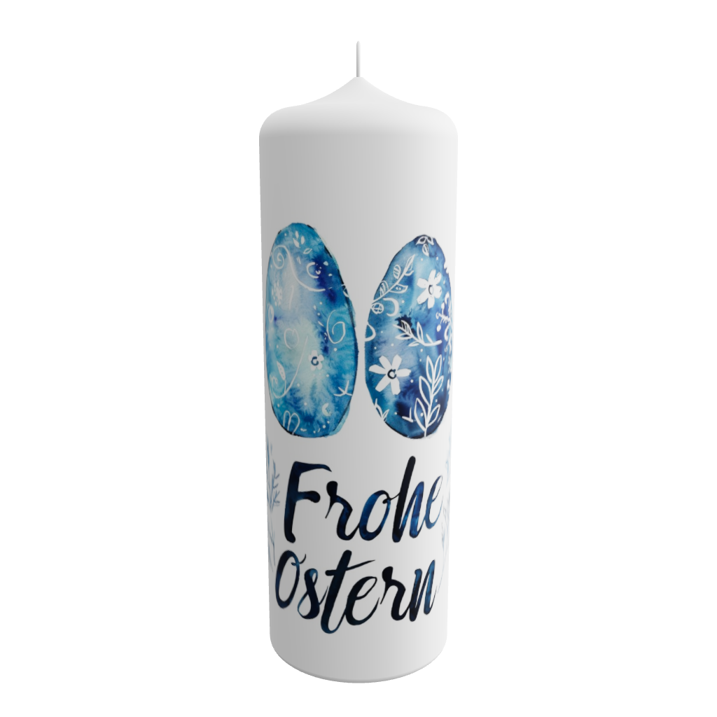 Weiße Osterkerze mit zwei blau verzierten Ostereiern und dem Schriftzug „Frohe Ostern“ in moderner Handschrift
