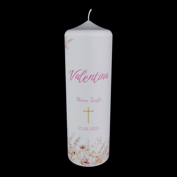 Personalisierte Taufkerze mit floralem Blumenmotiv, goldenem Kreuz, Name Valentina und Taufdatum