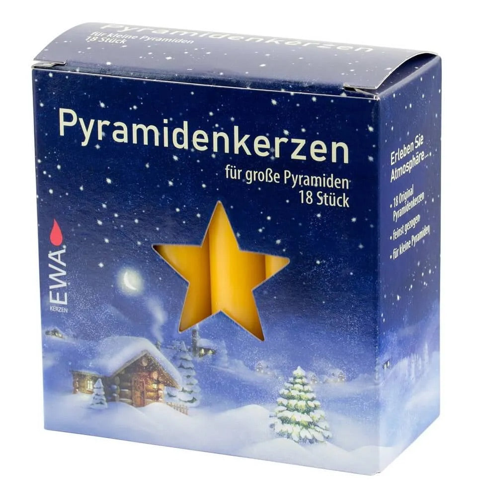 Verpackung mit 18 gelben Pyramidenkerzen für große Weihnachtspyramiden, mit goldenem Stern und verschneiter Hüttenszene.