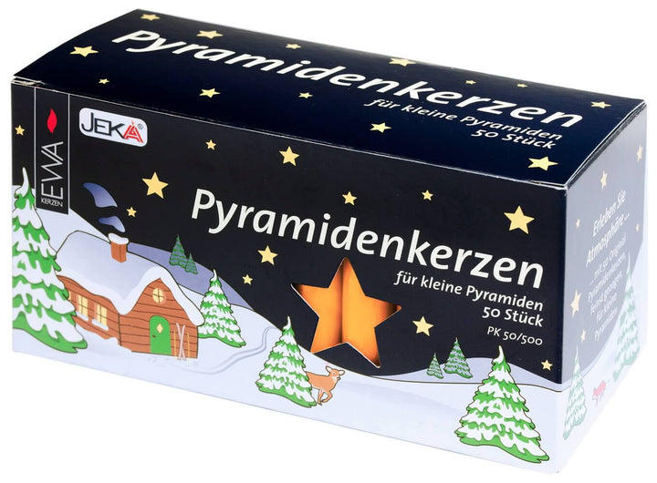 Verpackung mit 50 gelben Pyramidenkerzen für kleine Weihnachtspyramiden, mit goldenem Stern und verschneiter Szene.