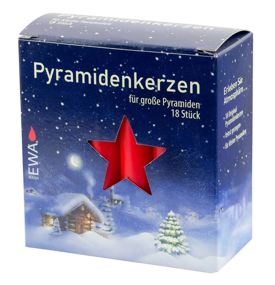 Verpackung mit 18 roten Pyramidenkerzen für große Weihnachtspyramiden, winterliches Design mit rotem Stern und Hütte