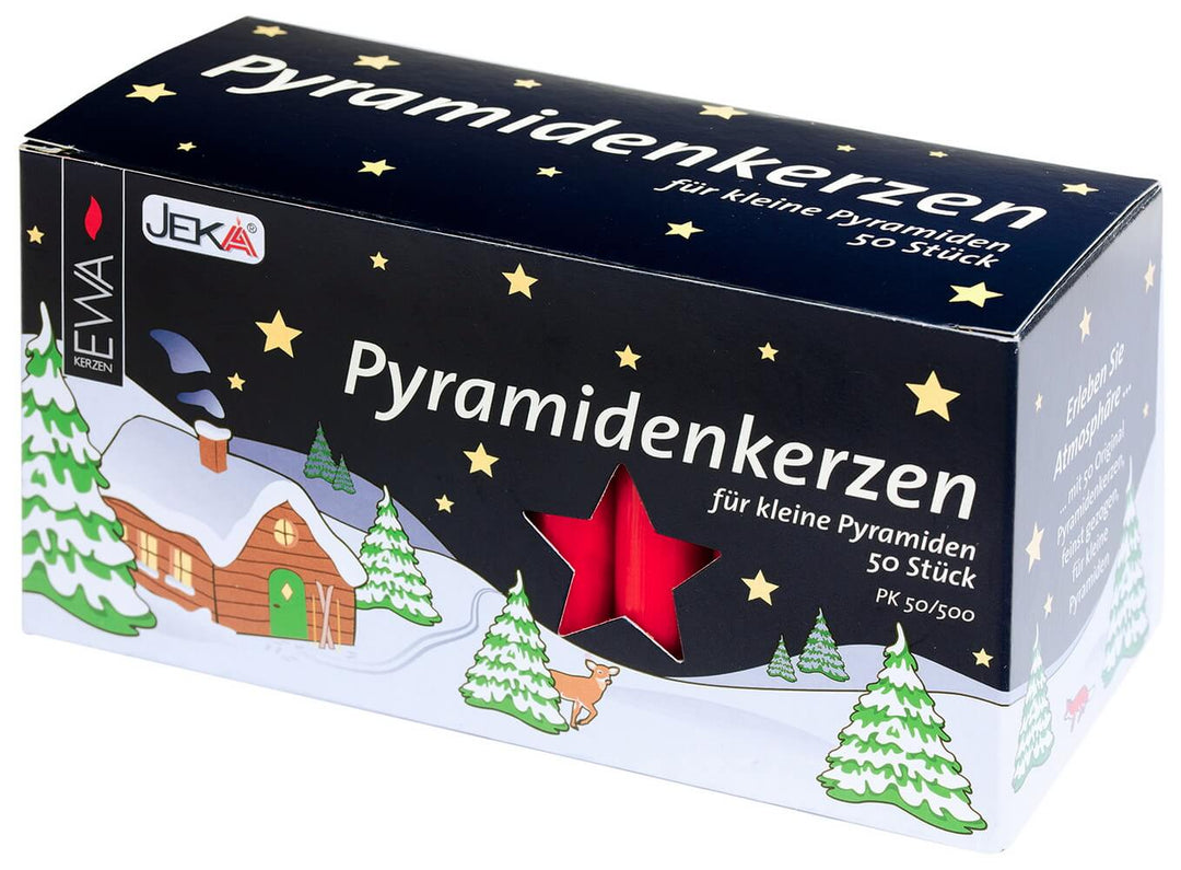 Verpackung mit 50 roten Pyramidenkerzen für kleine Weihnachtspyramiden, mit rotem Stern und verschneitem Häuschen
