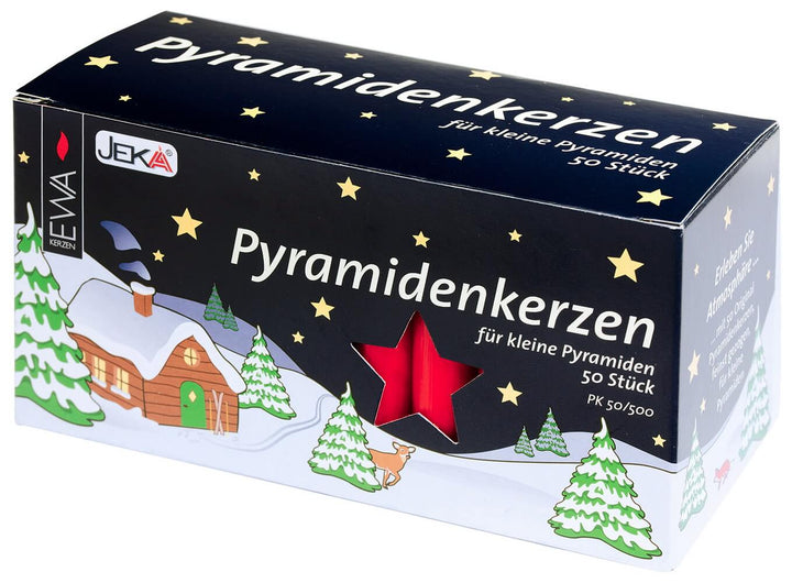 Verpackung mit 50 roten Pyramidenkerzen für kleine Weihnachtspyramiden, mit rotem Stern und verschneitem Häuschen