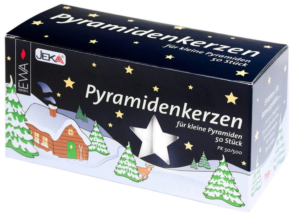 Verpackung mit 50 weißen Pyramidenkerzen für kleine Weihnachtspyramiden, mit Stern und winterlicher Illustration.