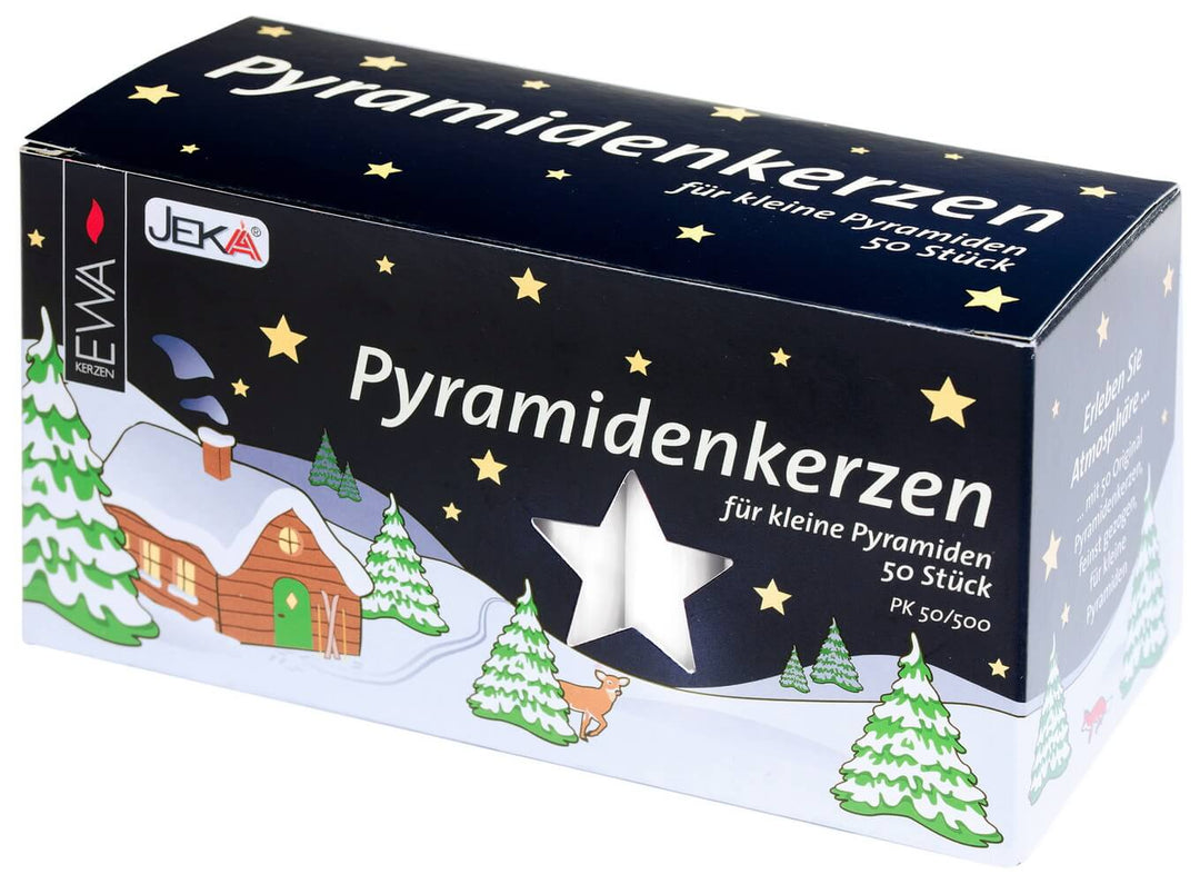 Verpackung mit 50 weißen Pyramidenkerzen für kleine Weihnachtspyramiden, mit Stern und winterlicher Illustration.