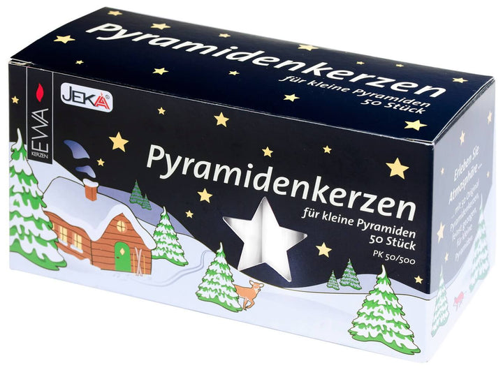 Verpackung mit 50 weißen Pyramidenkerzen für kleine Weihnachtspyramiden, mit Stern und winterlicher Illustration.