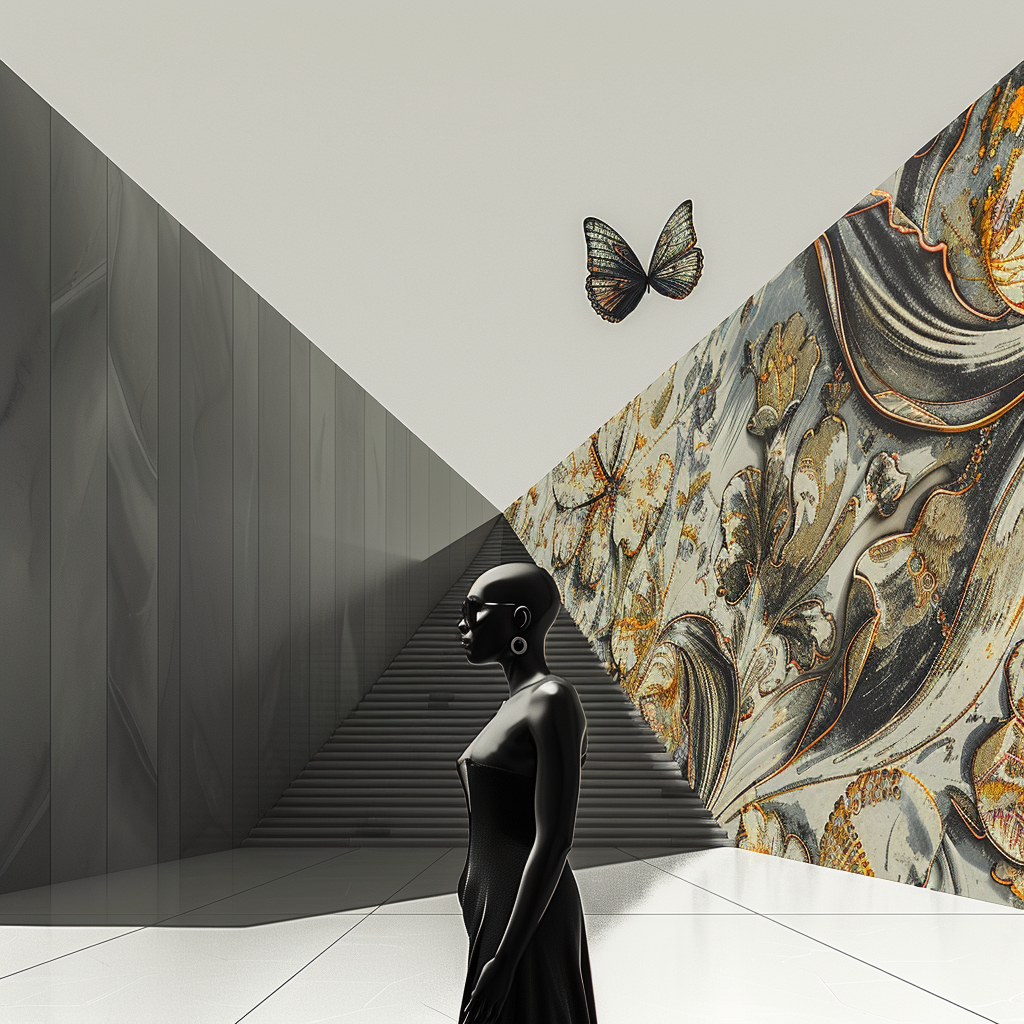 Eine schwarze, elegante Figur steht in einem geometrischen Raum zwischen Treppen und gemusterten Wänden, über ihr ein Schmetterling – ein surrealer Moment aus Stille und Bewegung.
