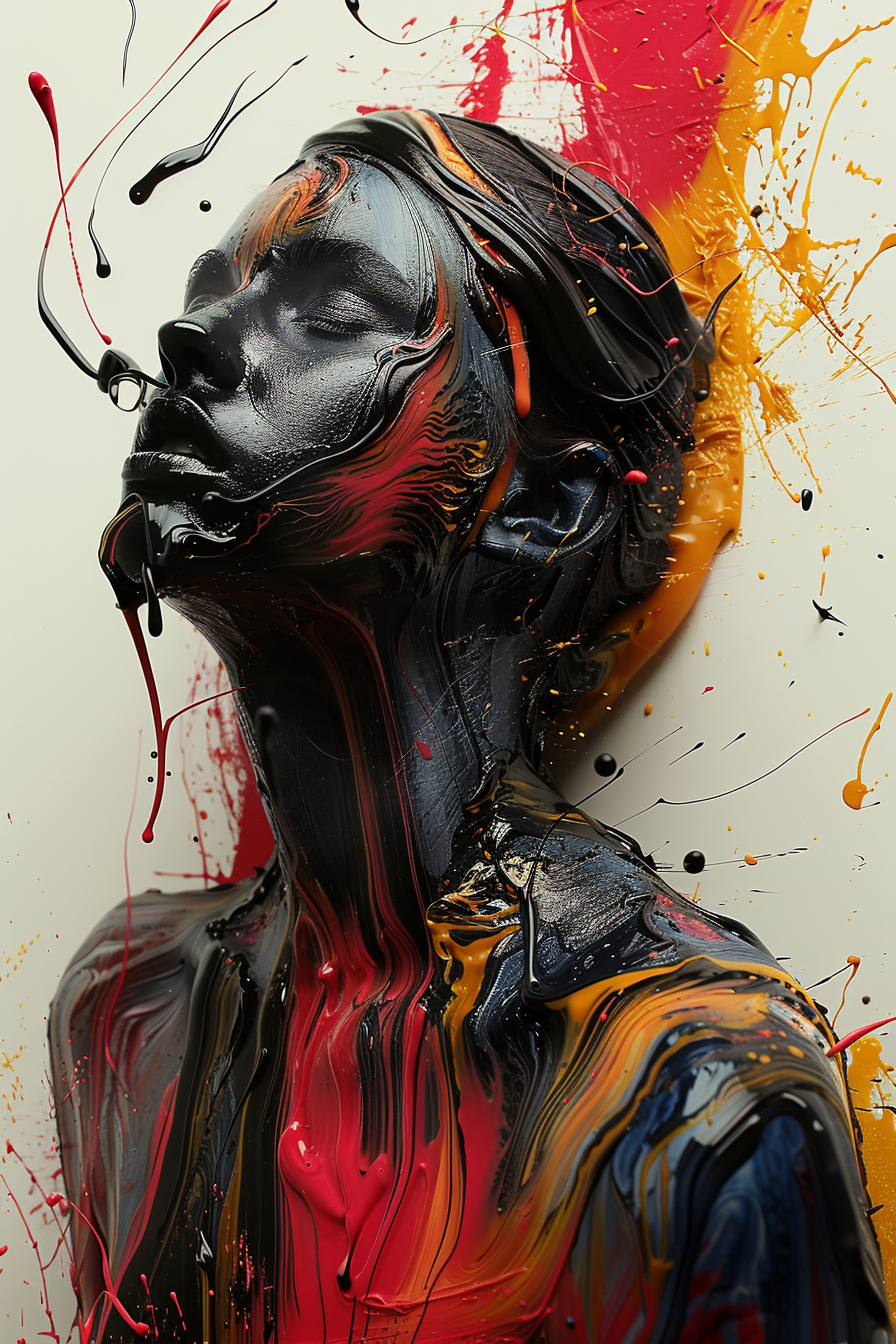 Abstraktes Porträt einer Person mit geschlossenen Augen, überzogen von fließender, feuriger Farbe in Rot, Schwarz und Gold – Symbol für Transformation, Schmerz und Wiedergeburt
