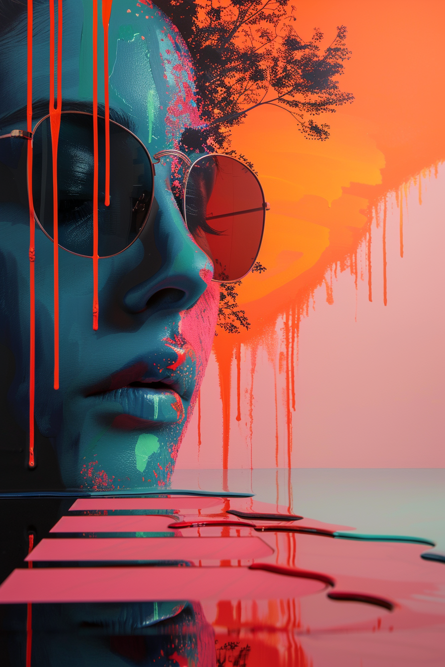 Ein surrealistisch gemaltes Porträt mit Sonnenbrille, blauer Haut und fließender Farbe, die sich in warmen Rot- und Orangetönen auflöst.
