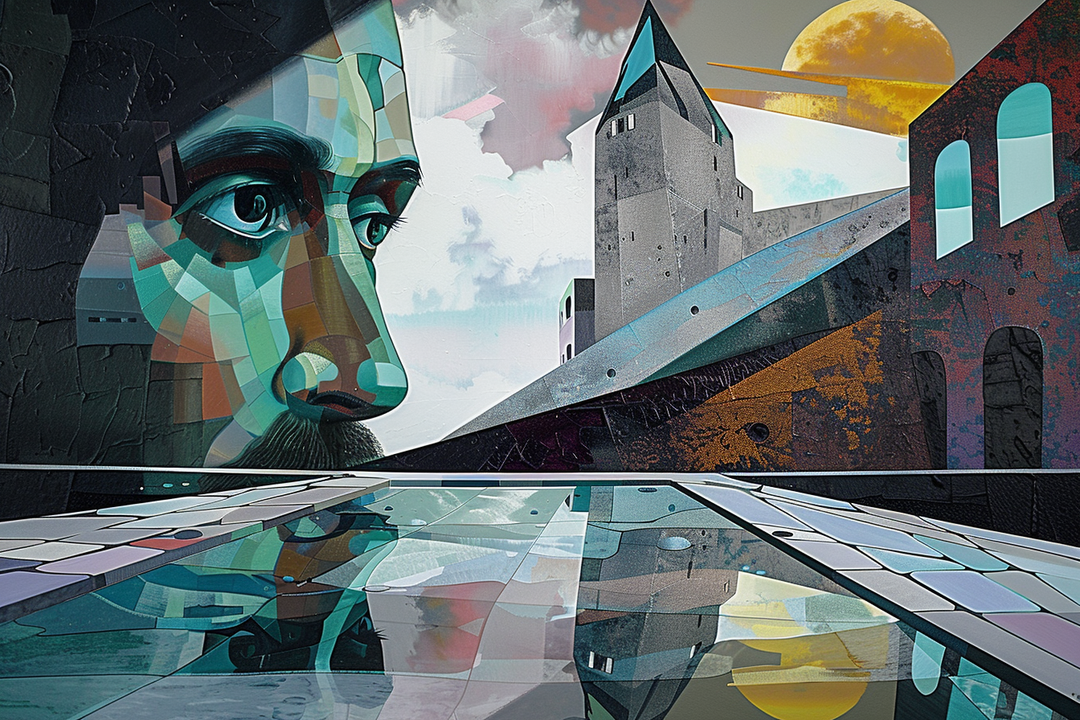 Abstrakt-surreales Porträt eines Mannes in geometrischen Farbflächen aus Grün-, Blau- und Brauntönen. Im Hintergrund moderne Architektur und ein Spiegelbecken, das das Gesicht reflektiert. Mischung aus Realismus, Kubismus und Symbolik.
