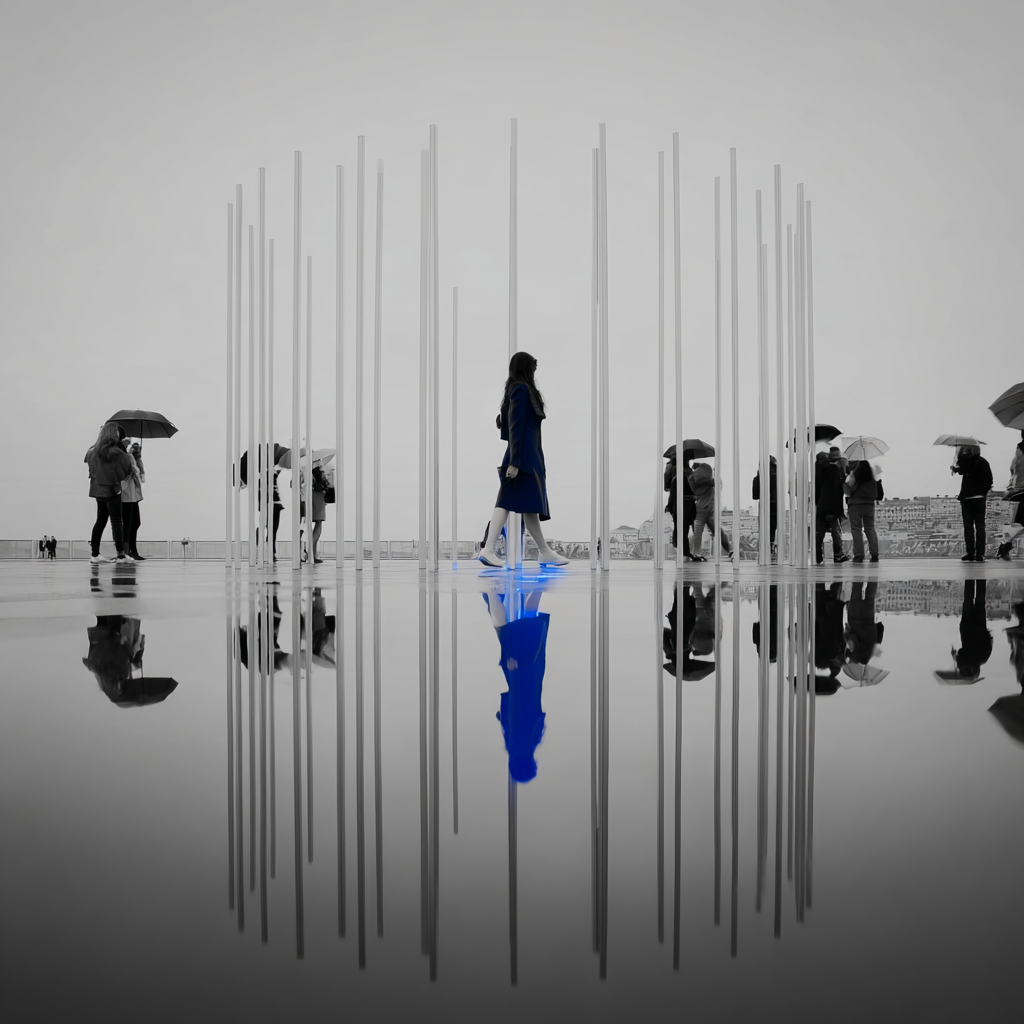 Fotografische Szene in Schwarz-Weiß mit einer Frau im blauen Mantel, die durch eine Installation aus weißen Stäben geht – Spiegelung im nassen Boden und Menschen mit Regenschirmen im Hintergrund.
