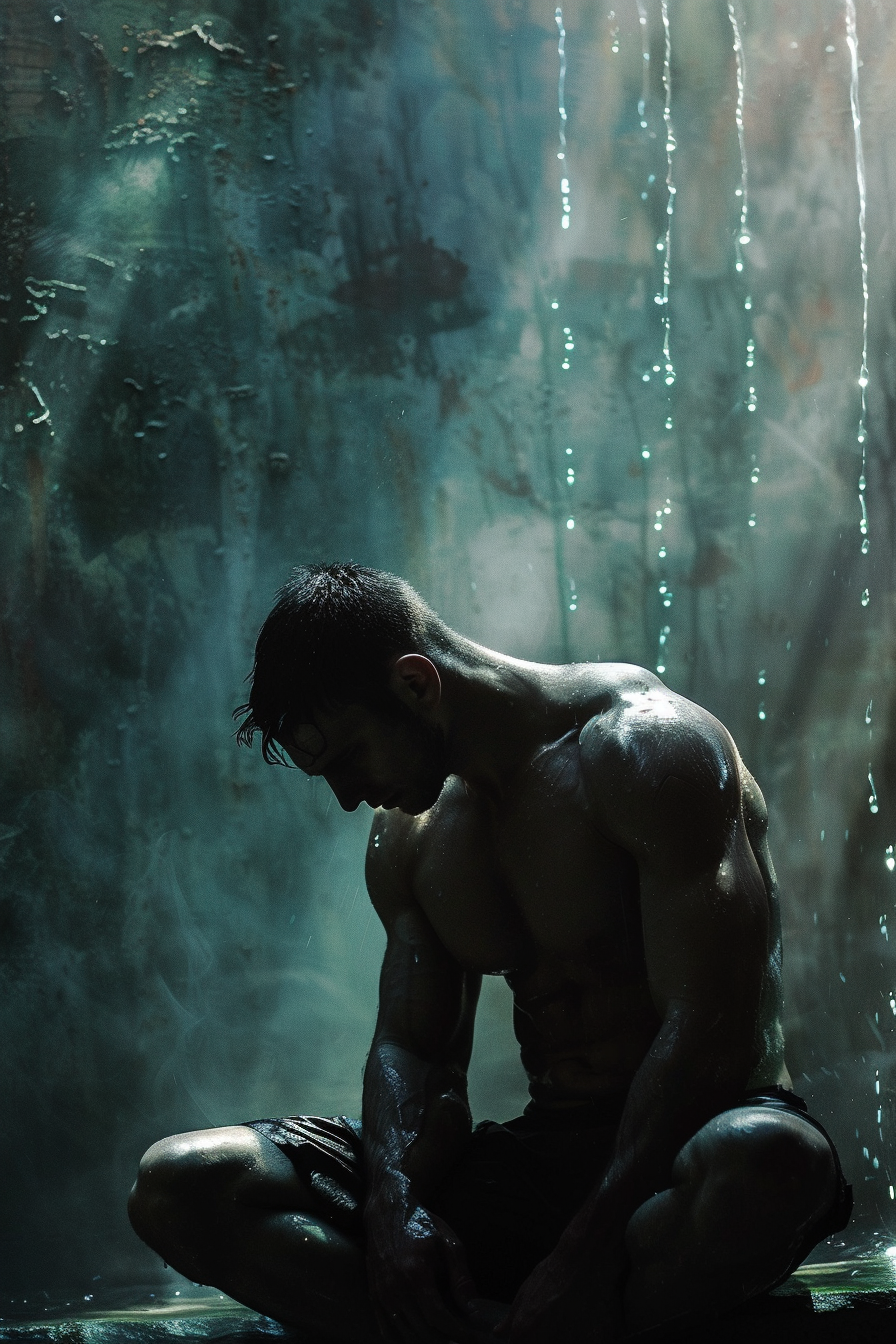 Ein muskulöser Mann sitzt mit gesenktem Kopf in einer dunklen, nassen Umgebung, während Wassertropfen von oben fallen. Die Atmosphäre ist ruhig, melancholisch und intensiv beleuchtet.
