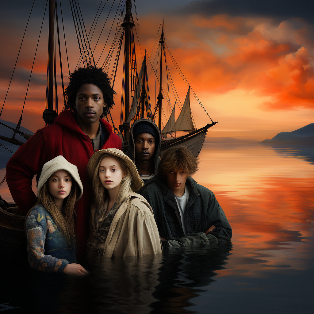 Gruppe junger Menschen steht halb im Wasser vor alten Segelschiffen bei Sonnenuntergang.
