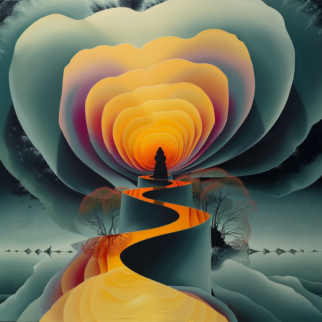 Surreale Darstellung einer Figur auf einem leuchtenden, geschwungenen Pfad, der in konzentrische, lichtdurchflutete Schichten führt – Symbol für Selbsterkenntnis und Transformation
