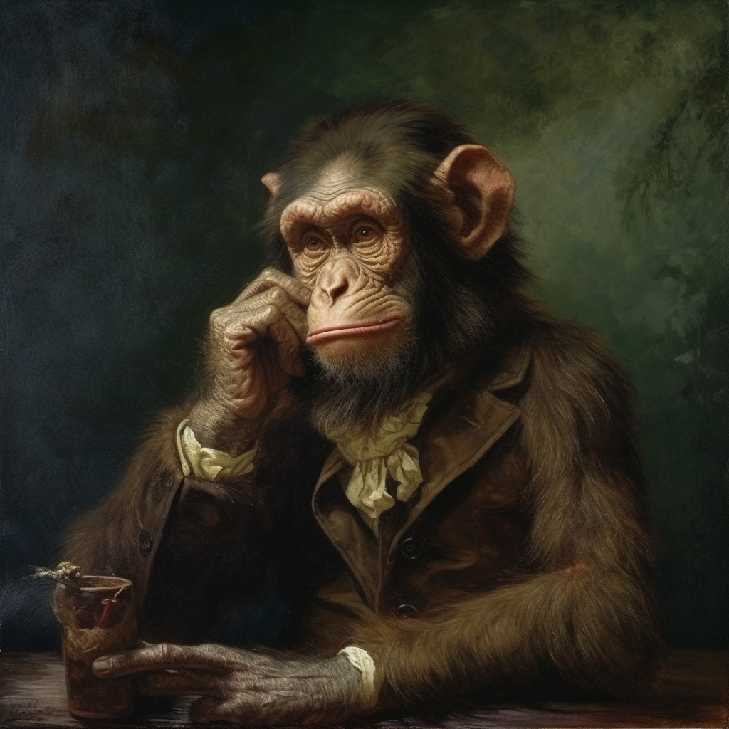 Schimpanse in Renaissance-Kleidung sitzt nachdenklich an einem Tisch – klassisches
Ölgemälde mit dramatischem Licht und historischer Atmosphäre.
