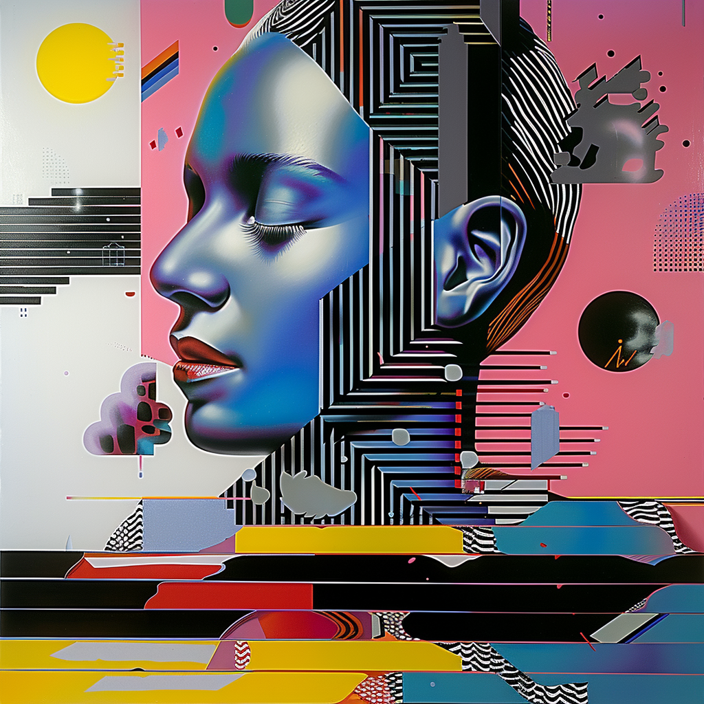 futuristisches portraet mit geometrischen linien in pink blau und gelb
