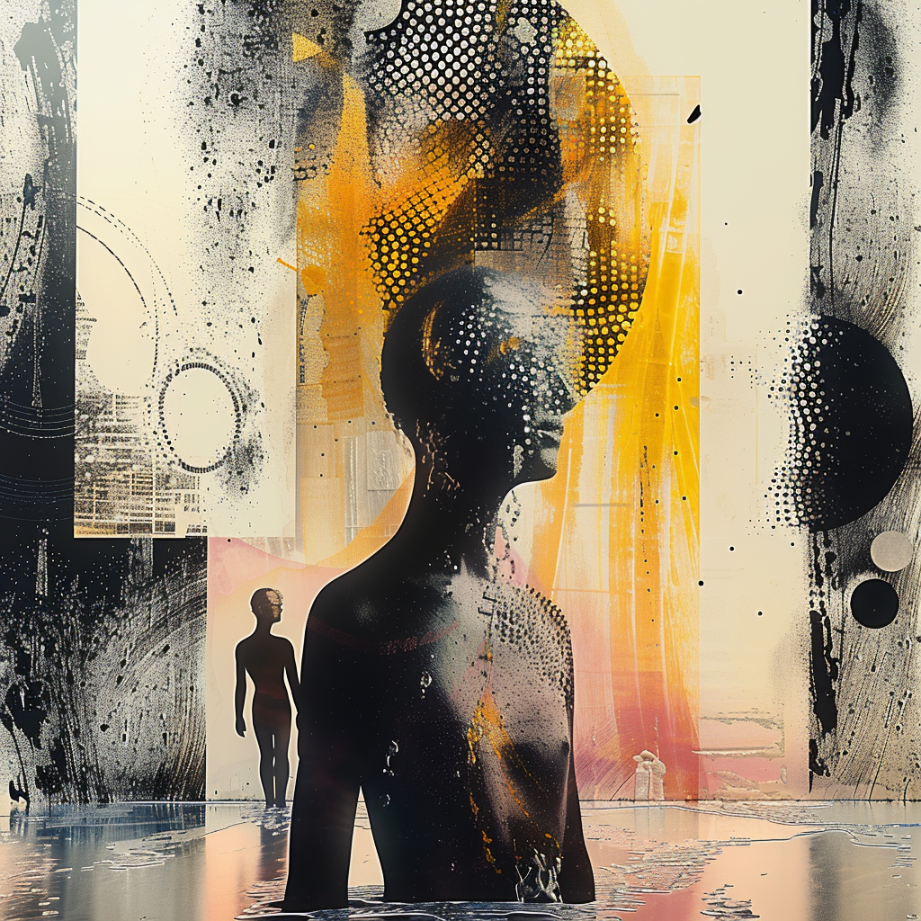 Abstrakte Silhouetten in einer Komposition aus Gold, Schwarz und Weiß, durchzogen von Punkten, Licht und Reflexionen.
