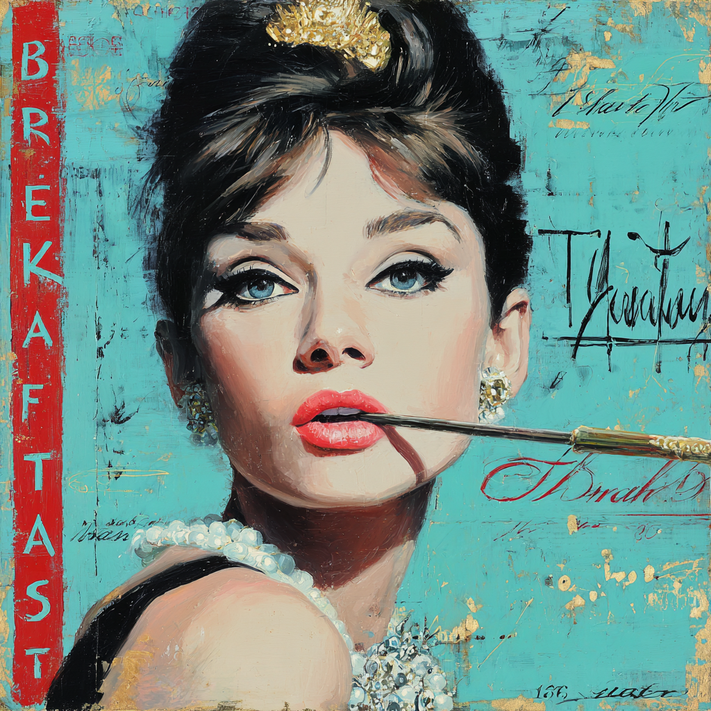 Retro-Porträt einer eleganten Frau im Pop-Art-Stil mit türkisfarbenem Hintergrund, Perlen und kräftigen roten Akzenten.
