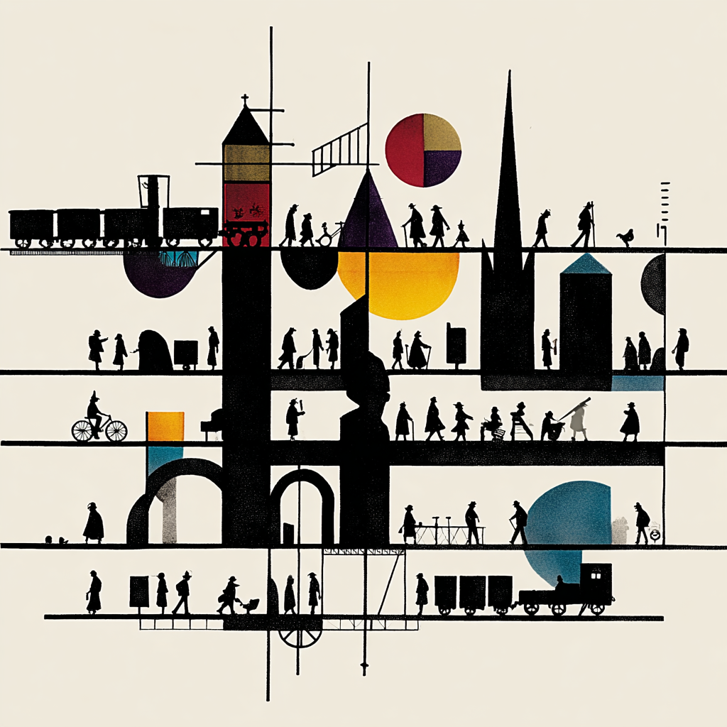Grafische Komposition aus stilisierten schwarzen Silhouetten von Menschen, Zügen und Gebäuden auf hellbeigem Hintergrund – geometrische Formen in Gelb, Rot und Blau strukturieren den Raum wie ein rhythmisches Stadtbild.
