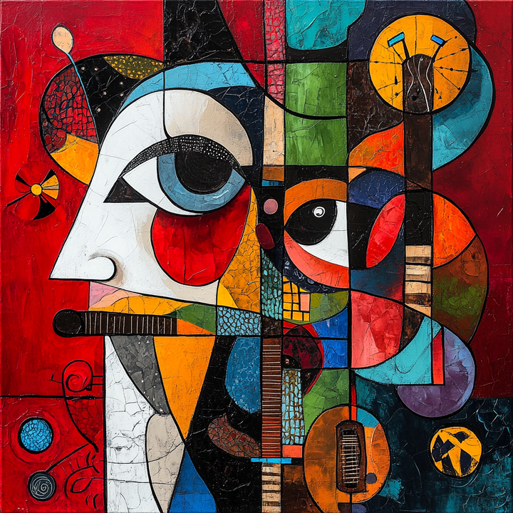 Abstraktes Porträt mit geometrischen Formen, Gitarren und farbenfrohen Flächen im kubistischen Stil.
