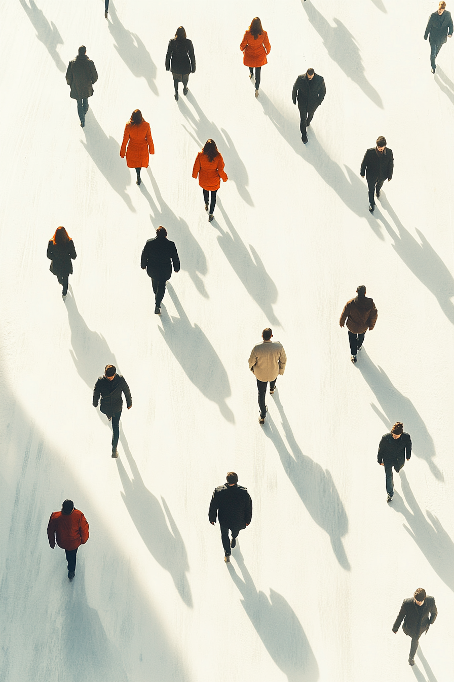 Menschen gehen über eine helle Fläche, lange Schatten begleiten sie – einige tragen rote Mäntel, andere dunkle Kleidung; minimalistisches Stadtmotiv von oben.
