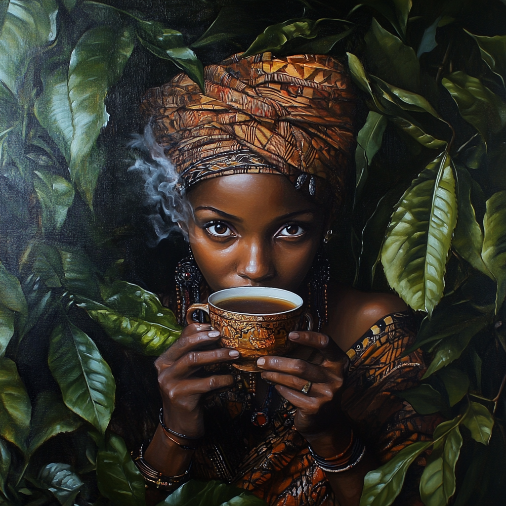 Porträt einer Frau mit farbenreichem Kopftuch, die eine dampfende Tasse Tee hält, umgeben von üppigem grünem Blattwerk.
