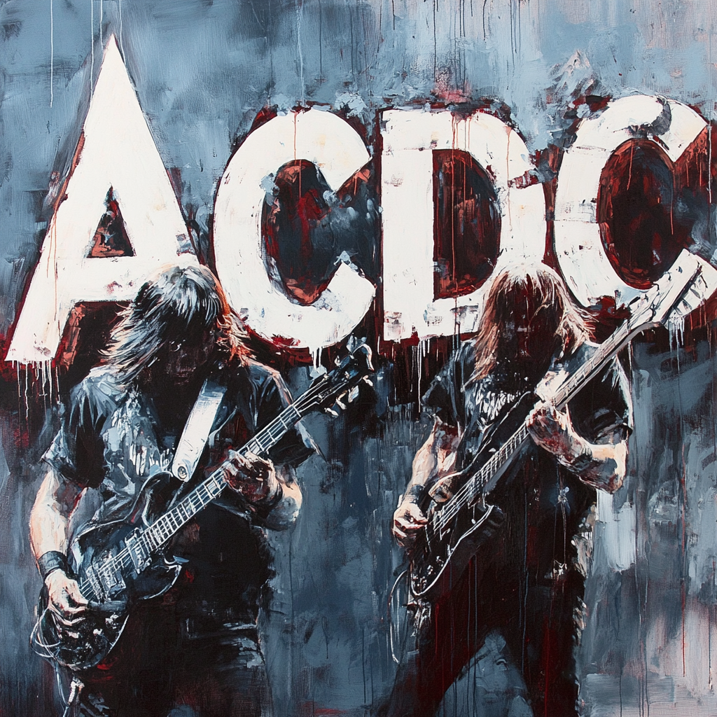 rockband acdc gemalt auf leinwand mit zwei gitarristen vor grossem schriftzug
