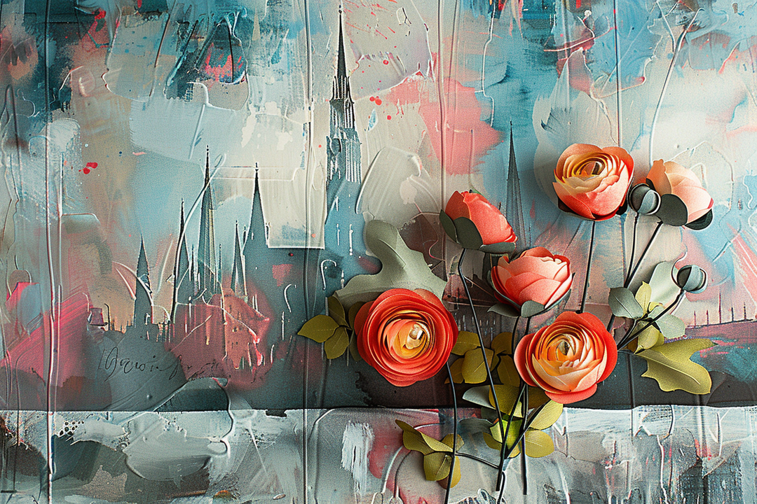 Ein zartes, malerisches Bild mit einer angedeuteten Stadtlandschaft in blauen und rosafarbenen Tönen im Hintergrund. Im Vordergrund liegen detailreiche, realistisch anmutende Papierrosen in warmem Orange und Gelb mit grünen Blättern. Die Komposition wirkt poetisch und harmonisch, eine Verbindung von Struktur und Emotion.
