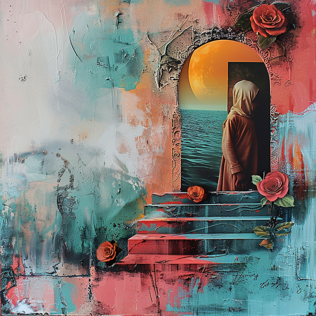 Surreale Komposition mit einer verhüllten Figur, die durch ein verziertes Tor auf das Meer blickt. Umgeben von Rosen und einem orangefarbenen Mond, verbindet das Bild sanfte Blau- und Rottöne mit Textur und Symbolik.

