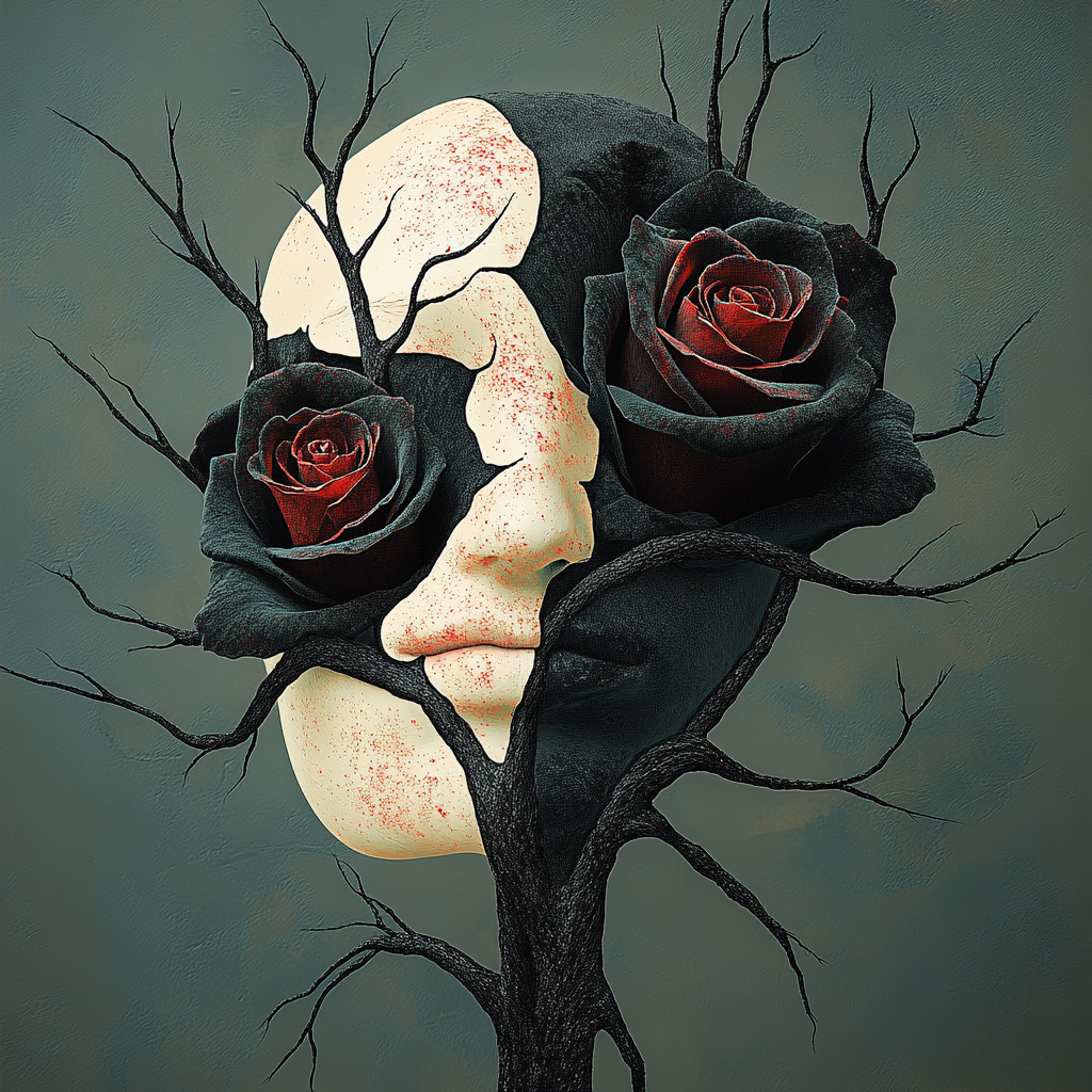 gesicht mit rosen und schwarzen ästen vor graugrünem hintergrund
